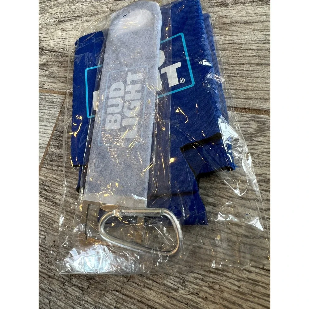 Bud Light Beer‎ Can Cooler Sleeve Koozie Carabiner Keychain Set NWT Game Day